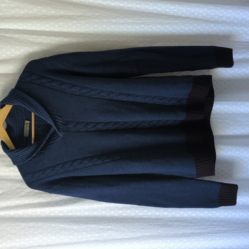 Jerry Kaye 100% Merino Wool Navy & Plum Shawl Collar Cable Knit Sweater, Men's L